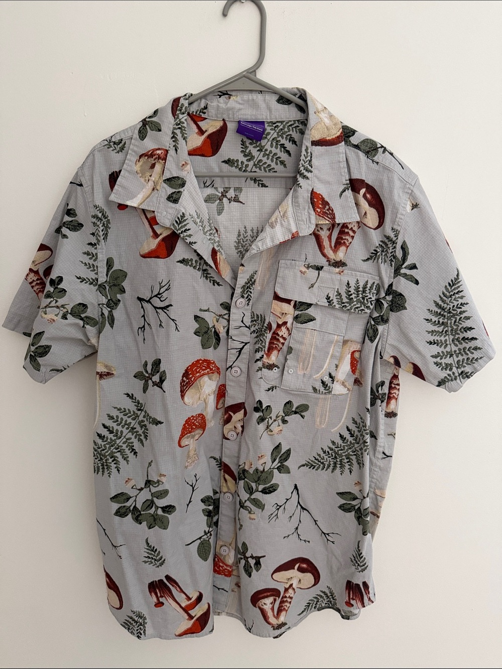 Casual Gray Camp Shirt with Mushroom & Fern Print